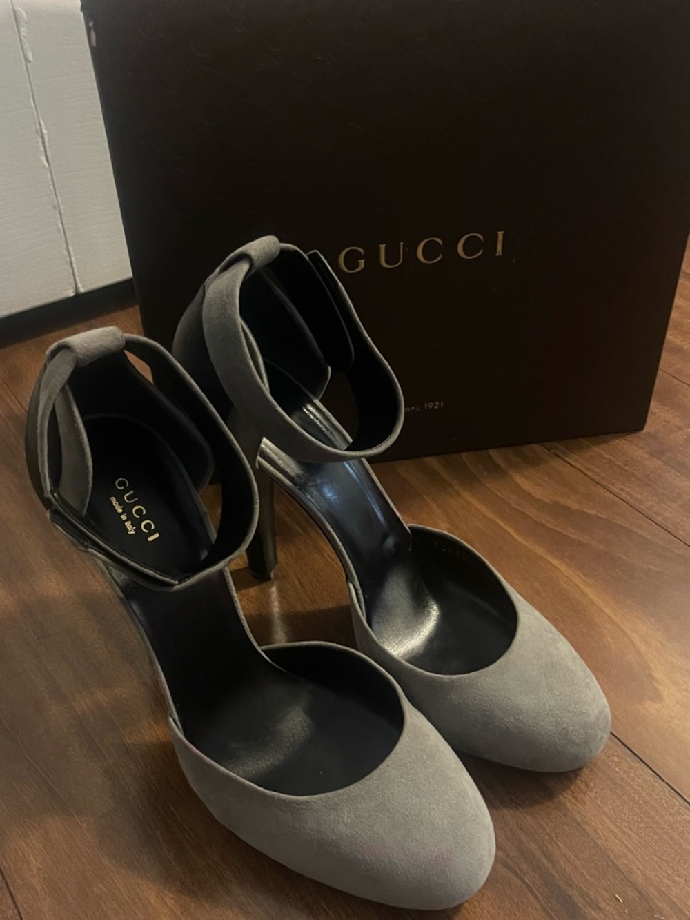 Gucci Women's Gray Suede Ankle-Strap Pumps